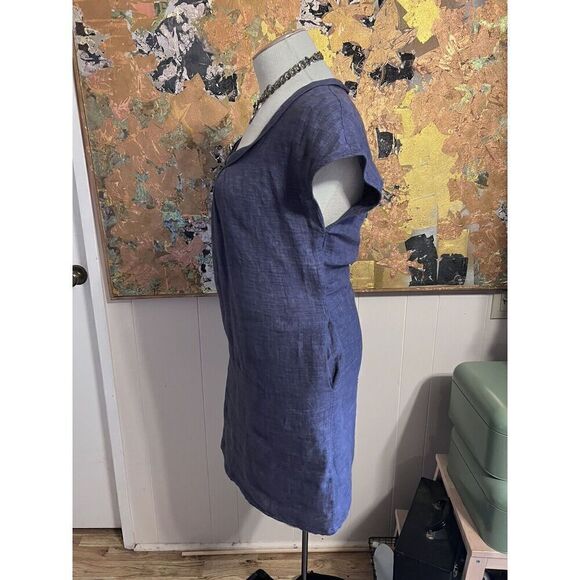 Malvin Hamburg Medium Lagenlook 100% Linen Mini Dress Blue Scoop Neck Pockets - Picture 3 of 7